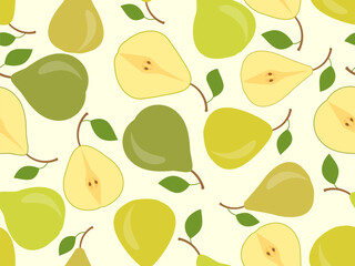 Whole pears and halves seamless pattern. Cut the pear in half. Design for printing on fabric, banners and promotional items. Vector illustration