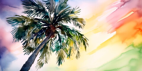 Obraz premium watercolor painting of a palm tree with a sunset in the background, perfect for use as a phone wallpaper. Generative AI