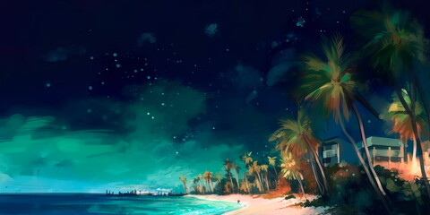 Fototapeta na wymiar watercolor painting of a beach scene at night with palm trees and a starry sky. Generative AI