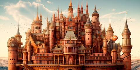 Fototapeta premium fantastical castle made entirely of books, with towers and turrets stacked high with tomes of all shapes and sizes. Generative AI