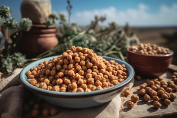 Discover the culinary possibilities with piles of chickpeas on a table, featuring space to showcase your hummus product ad. Blue sky and clouds backdrop AI Generative