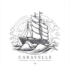 Sailing boat, caravelle, frigate on the water, vector logo emblem in asian style