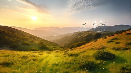 Beautiful mountain valley with wind turbines at sunset. Generated ai.
