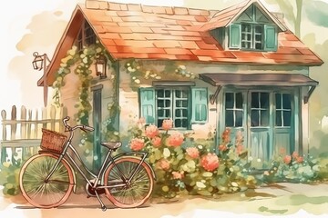 Bicycle near a house with plants and flowers in watercolor. Generated ai.
