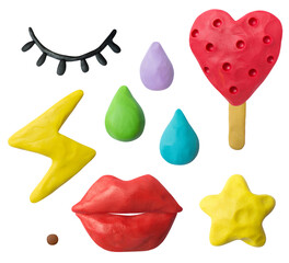 Set of plasticine objects. Handmade ice cream, eyes, lips, stars, lightning bolts, drops. Modelling clay.