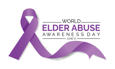 World Elder abuse awareness day June 15 . Banner, poster for awareness of elderly social problem, purple ribbon human cruelty symbol .