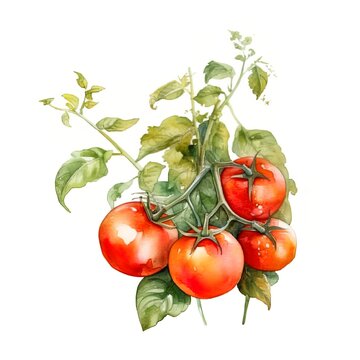 Watercolor image of tomatoes on a branch on a white background. Generated ai.