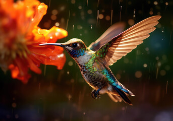 tropical hummingbird, bright wildlife, vibrant blured background, Generative AI