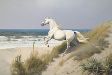 Obraz na płótnie Canvas A majestic horse running along the shoreline of a beach with lush green grass and dunes in the background. AI Generative. Generative AI