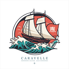 Sailing boat, caravelle, frigate on the water, vector logo emblem in asian style