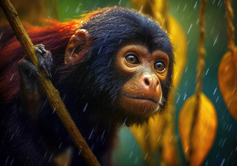 tropical howler monkey animal, bright wildlife, vibrant blured background, Generative AI