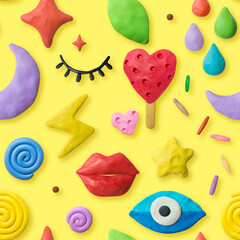 Seamless bright pattern on yellow background. Handmade eyes, lips, moon, stars, drops, lightning, hearts from modeling clay.