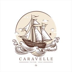 Sailing boat, caravelle, frigate on the water, vector logo emblem in asian style