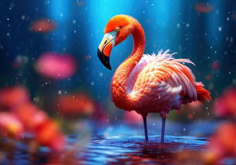 tropical flamingo animal, bright wildlife, vibrant blured background, Generative AI - obrazy, fototapety, plakaty