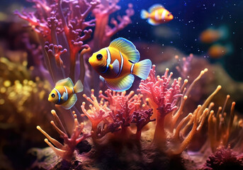 fish and the coral reef, bright wildlife, vibrant blured background, Generative AI