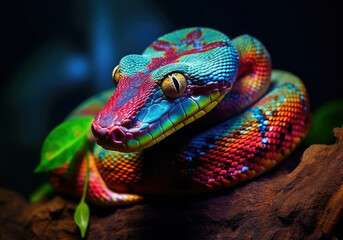 Fototapeta premium tropical boa, bright wildlife, vibrant blured background, Generative AI