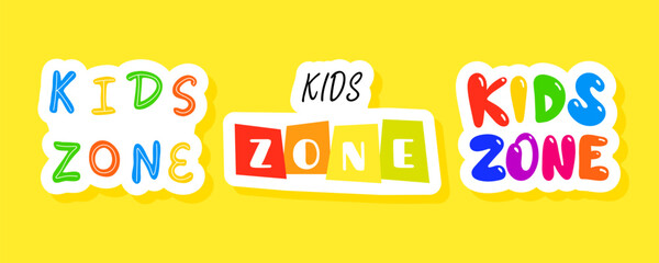 Kids zone colorful sticker set. Cute vector notebook label clip art. Playground area for kids quote.