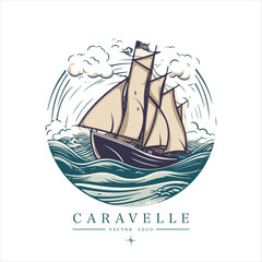 Caravelle on the water Logo vintage emblem. Old retro vector illustration marine navy icon.