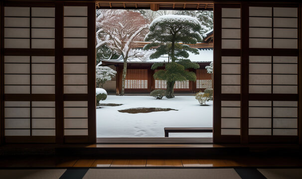 A view of a snow covered garden through a window. AI generative engawa house, Japanese style. Generative AI