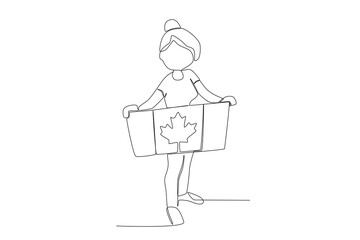 A girl holding a Canadian flag. Canada Day one-line drawing