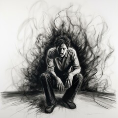 Man being afraid - Charcoal drawing - Generative AI