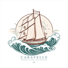 Sailing boat, caravelle, frigate on the water, vector logo emblem in asian style