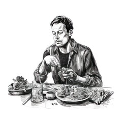 Man eating fruits and veggies - Charcoal drawing - Generative AI