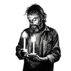 Man holding a candle - Charcoal drawing - Generative AI