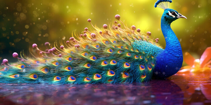 peacock bird, bright wildlife, vibrant blured background, Generative AI