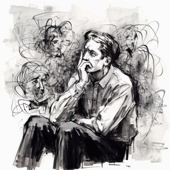 Man overthinking - Charcoal drawing - Generative AI