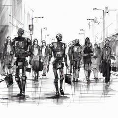 People as robots at street - Charcoal drawing - Generative AI