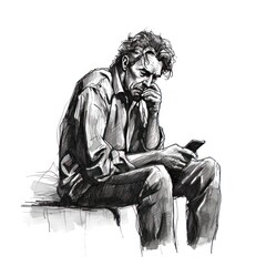 Tired man looking at mobile phone - Charcoal drawing - Generative AI