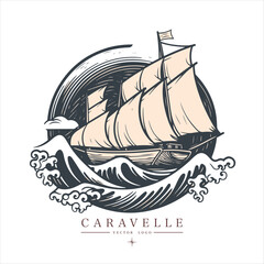Sailing boat, caravelle, frigate on the water, vector logo emblem in asian style