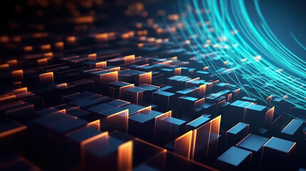 Obraz premium Modern digital abstract 3D background. Can be used in the description of network abilities, technological processes, digital storages, science, education, etc. Copy space. Based on Generative AI