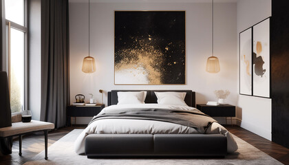 Comfortable modern bedroom with luxury bedding and lighting generated by AI