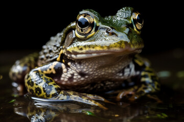 A frog sits in a pool of water.