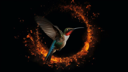 A fire ring with a hummingbird flying in it