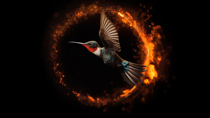 A fire ring with a hummingbird flying in it
