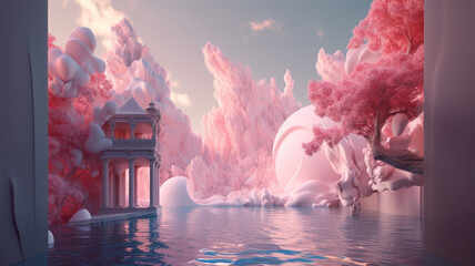 A pink painting of a castle in the water. generative ai