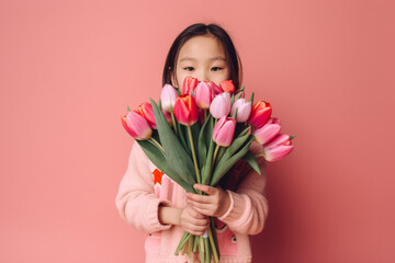 A girl holding a bouquet of tulips