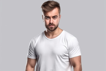 A man in a white tshirt stands in front of a grey background.