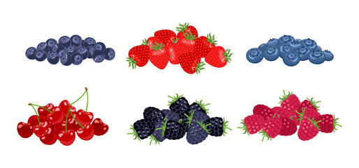 Set of different berry heap. Vector cartoon illustration of raspberry, strawberry, blueberry, cherry, bilberry and blackberry. Fruit flat icons.