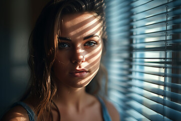 A woman is standing by a window with the shadow of the blinds on her face.
