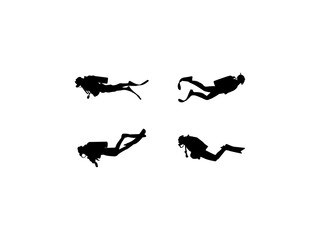 Scuba diving vector design and illustration. Scuba diving silhouettes. Collection of scuba diver silhouettes in various poses isolated on white background.