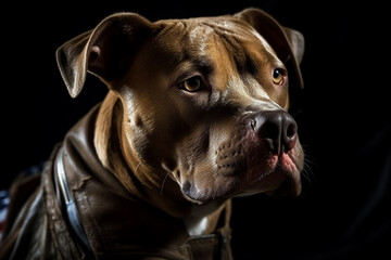 A dog wearing a leather jacket