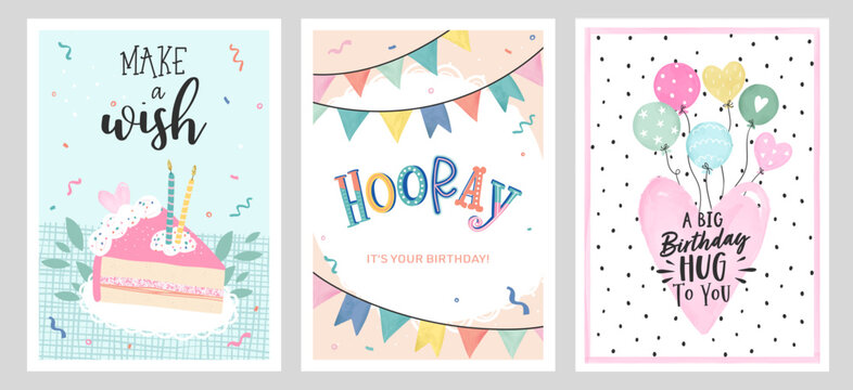 Set of birthday postcards with confetti, garlands, cake and candles. Invitations, happy birthday. Vector templates great for card, poster, flyer or banner