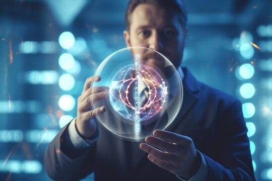 Conceptual image of a medical doctor holding a biotech DNA sphere in his hand. Futuristic scientist concept. Generative AI illustration.