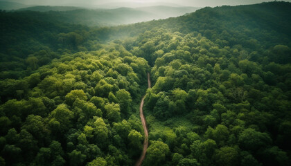 Green mountain range, foggy autumn meadow below generated by AI