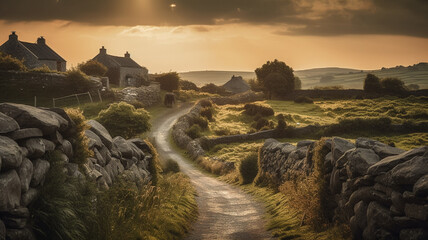 A rural scene with a stone wall and a field with a row of houses and a sunset in the background.