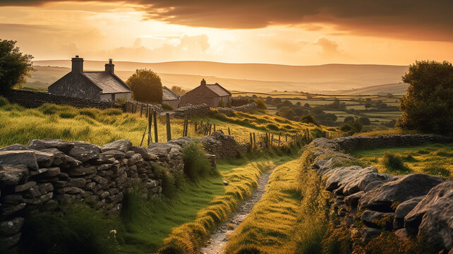 A rural scene with a stone wall and a field with a row of houses and a sunset in the background.